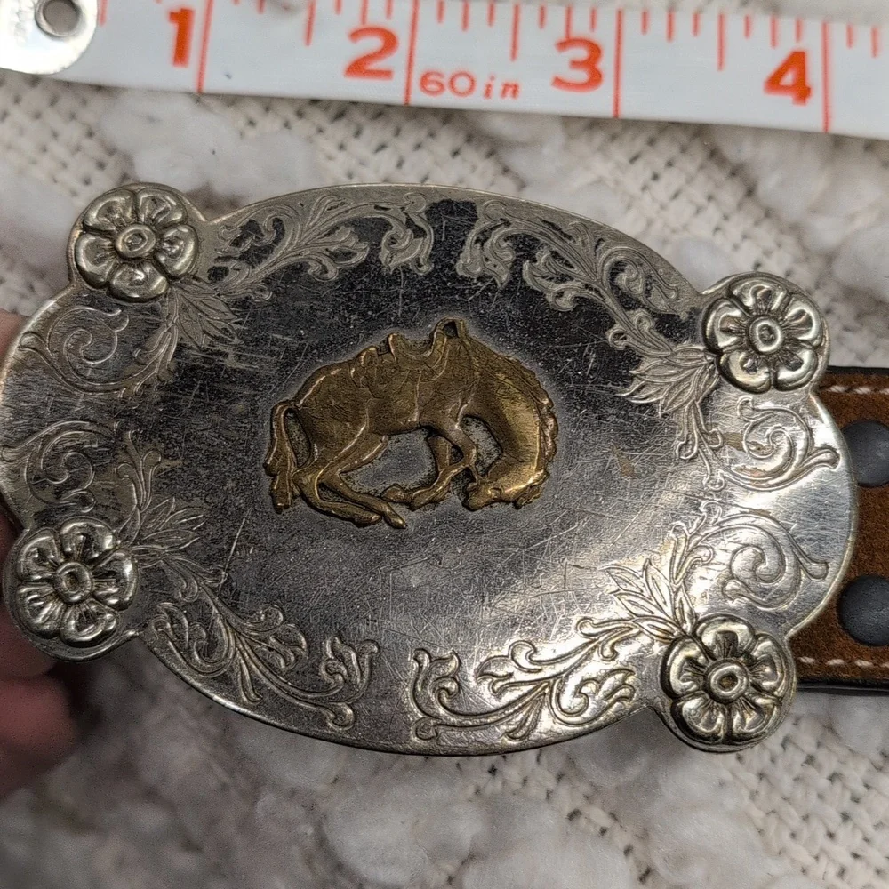 Vintage Western Cowboy Camel Leather Men's Belt Nickel Silver Bronco Buckle